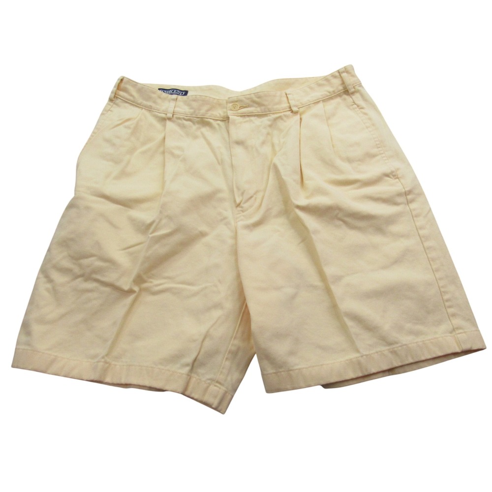Lands End Mens Pleated Chino Shorts‎ 36 Yellow Cotton Twill Regular Fit Classic